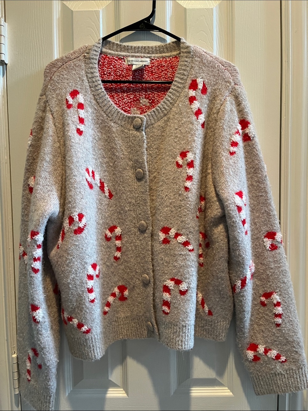 Cozy Gray Candy Cane Button-Up Sweater